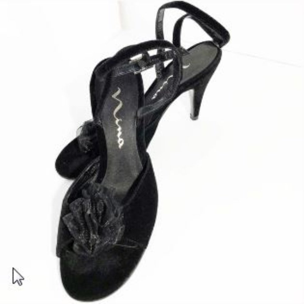 Nina Ankle Strap Black Suede 3.5" Heel Sz 6.5 M